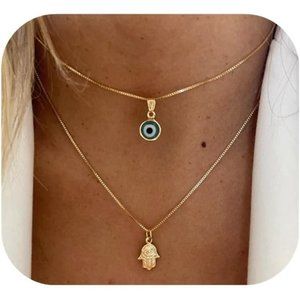 Women 14K Gold Plated Delicate Evil Eye Blue White Boho Cute Diamond Necklace